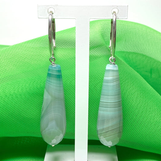 Light green agate patterned teardrop shaped long drop earrings
