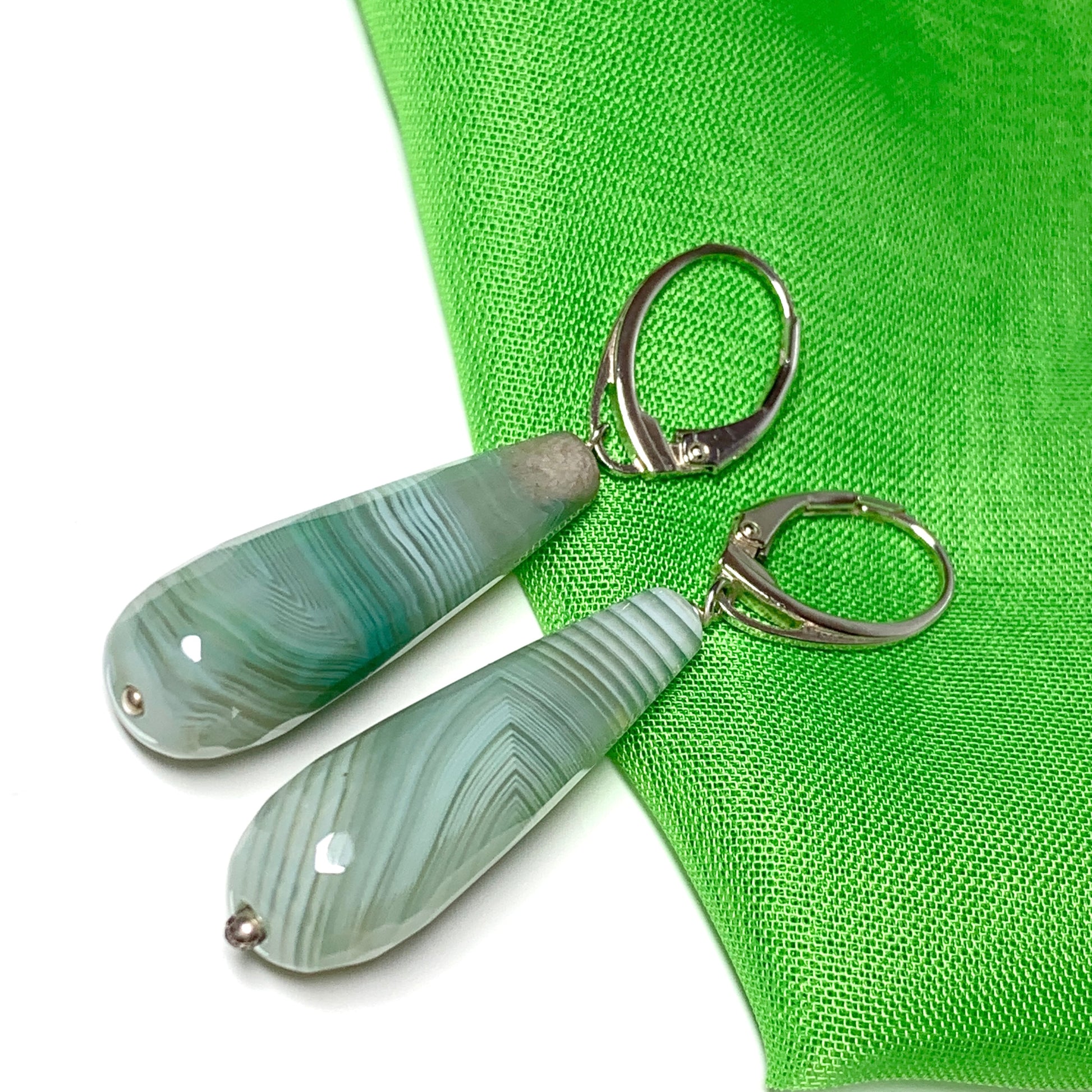 Light green agate teardrop shaped long drop earrings