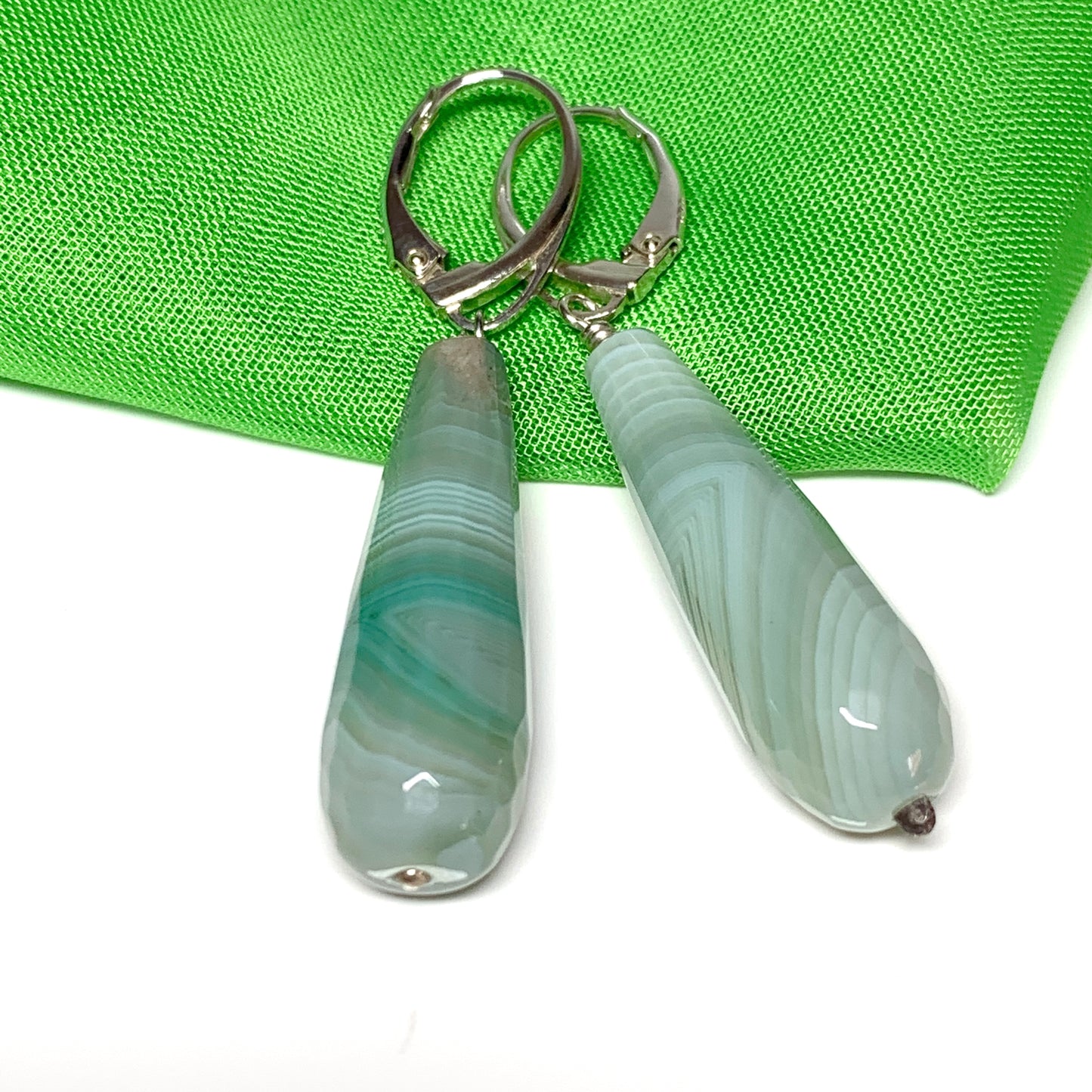 Light green agate teardrop shaped long drop earrings