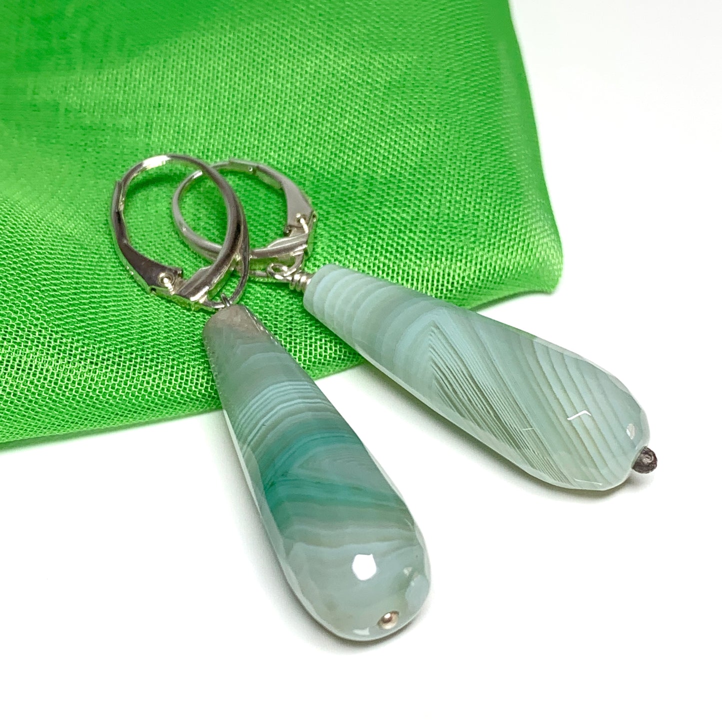 Light green agate teardrop shaped long drop earrings