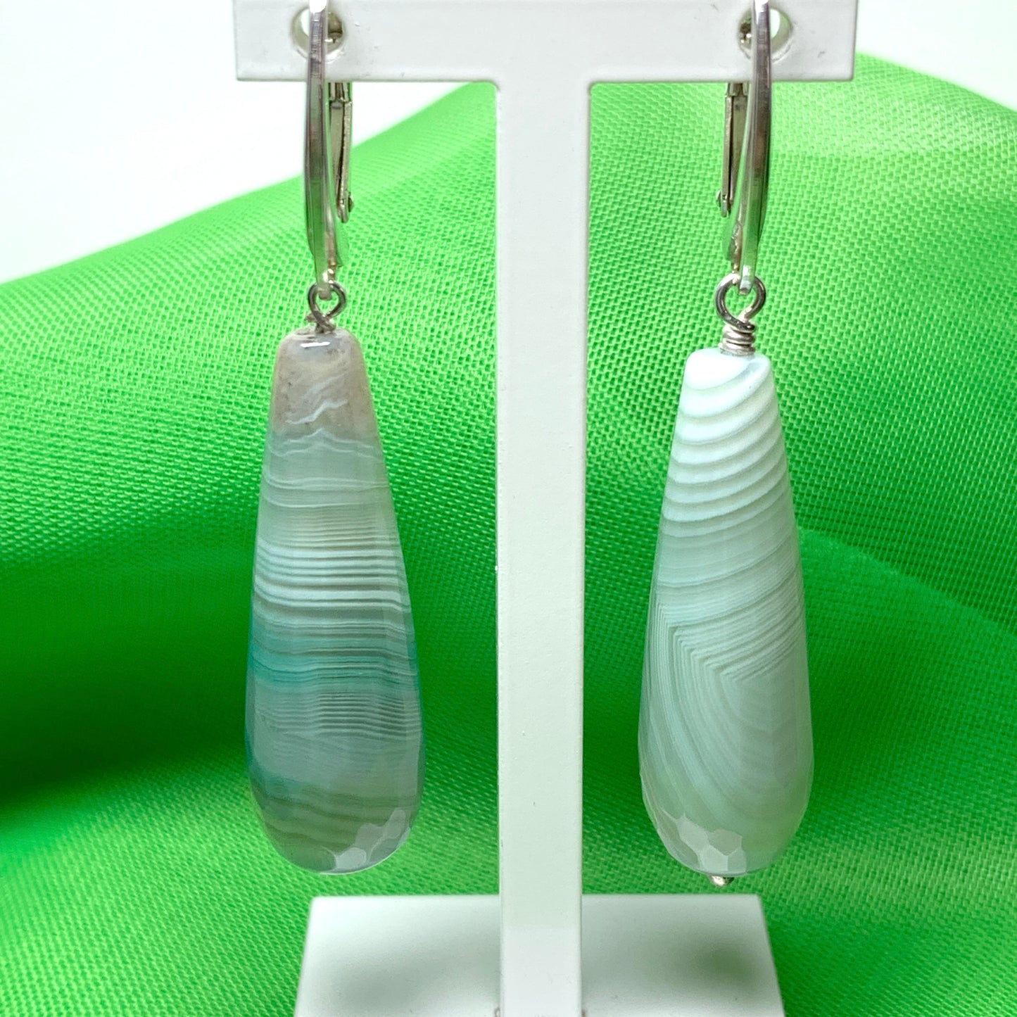 Light green agate teardrop shaped long drop earrings