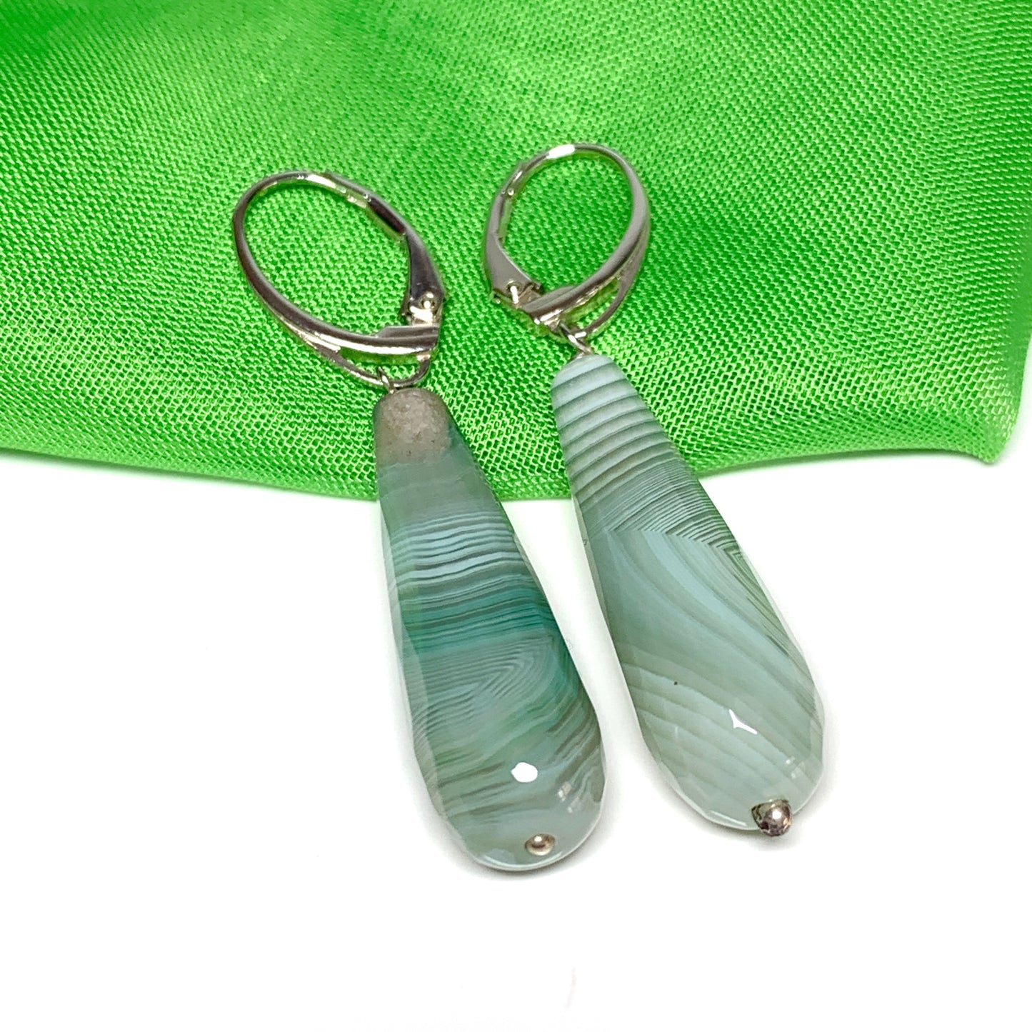 Light green agate teardrop shaped long drop earrings