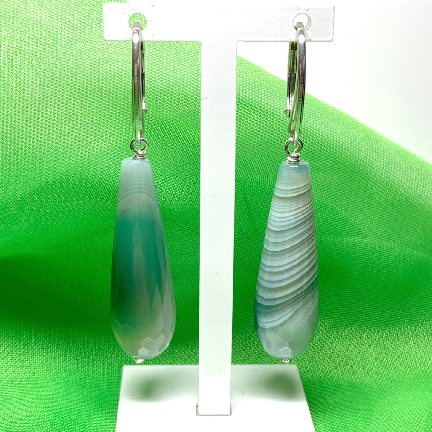 Light green patterned teardrop shaped long drop agate earrings