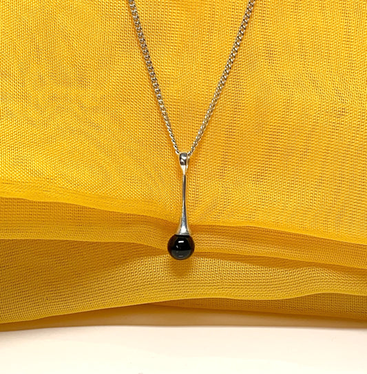 Long round black sterling silver real onyx necklace pendant