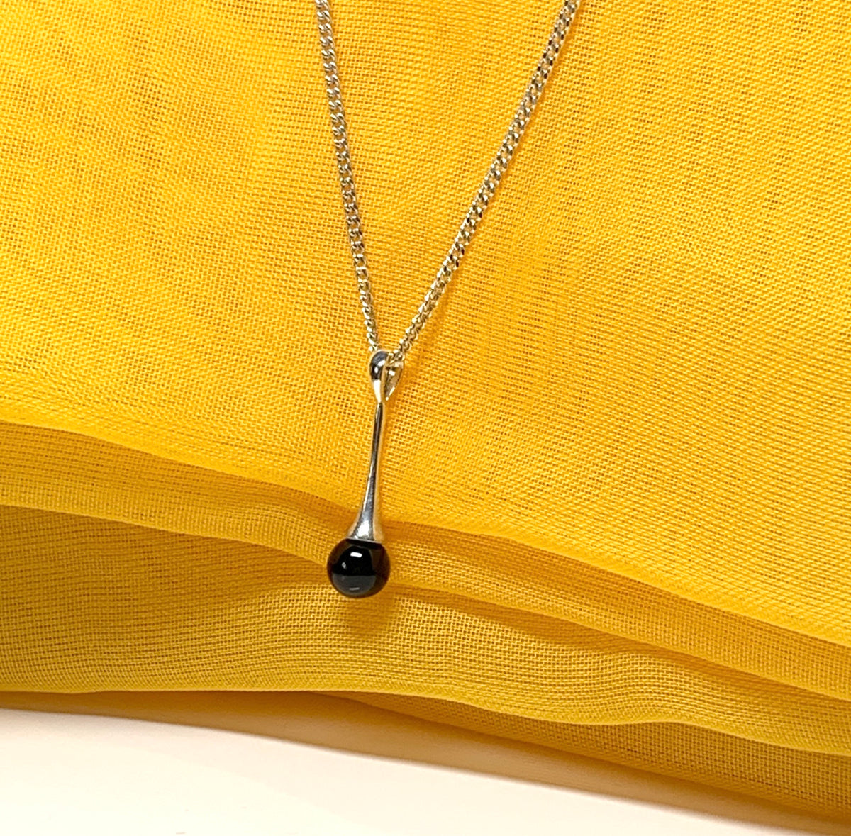 Long round black sterling silver real onyx necklace pendant