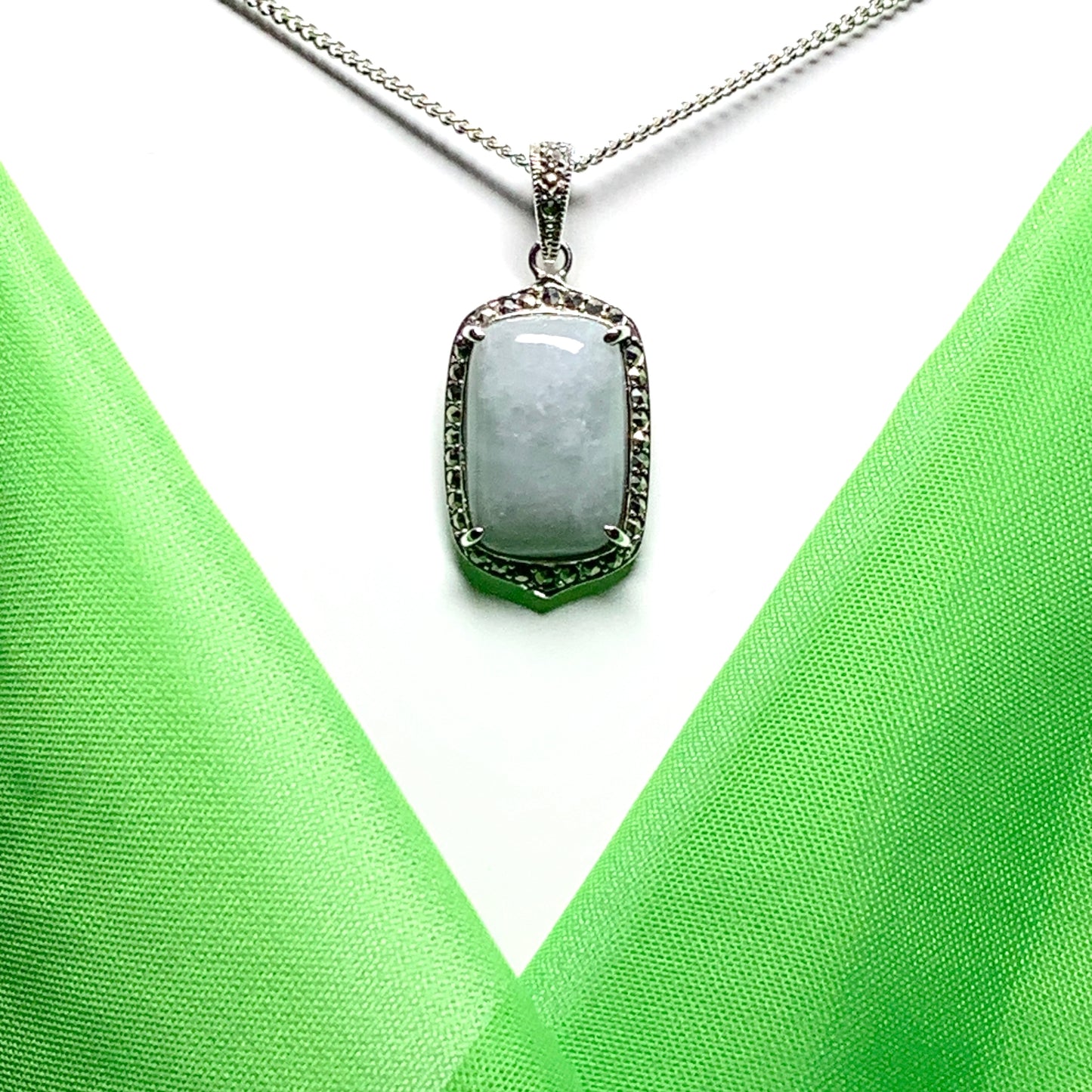 Long cushion shaped silver light green jade and marcasite necklace pendant