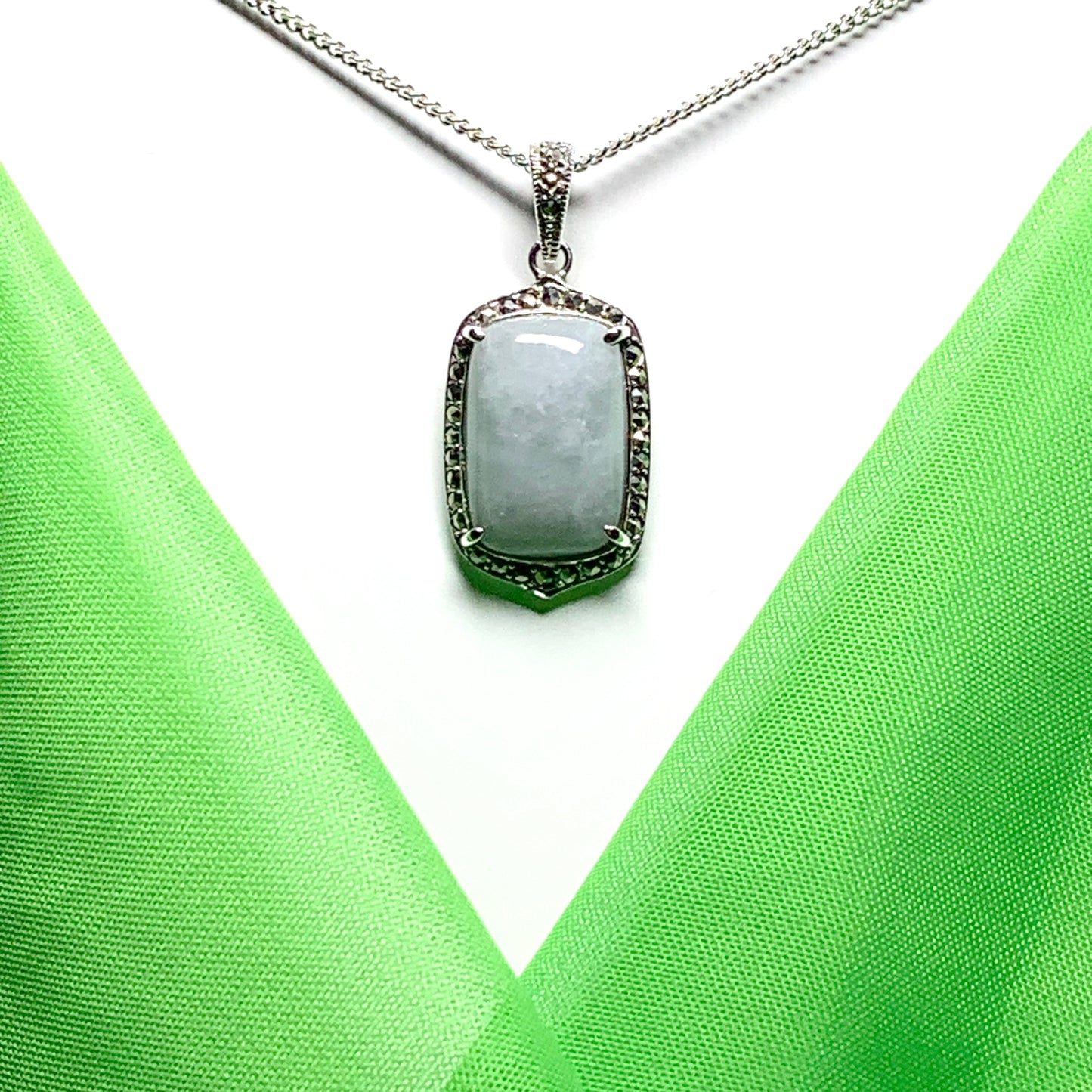 Long cushion shaped silver light green jade and marcasite necklace pendant