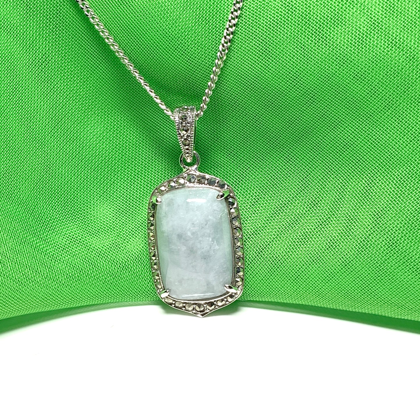 Long cushion shaped silver light green jade and marcasite necklace pendant