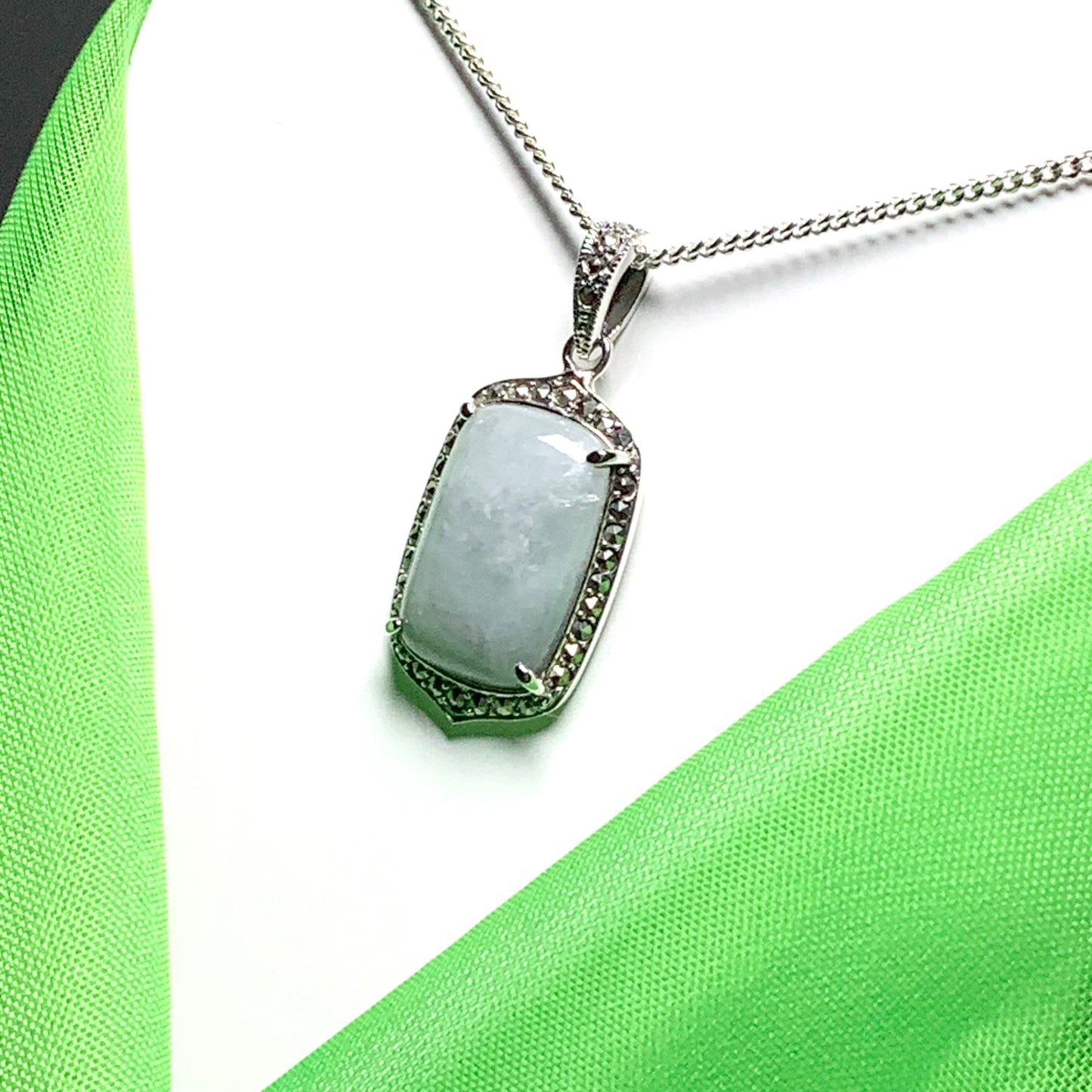 Long cushion shaped silver light green jade and marcasite necklace pendant