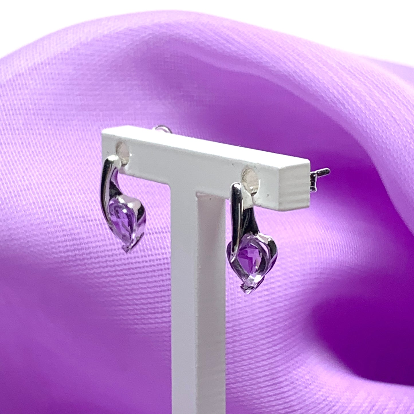 Heart shaped real amethyst sterling silver stud earrings