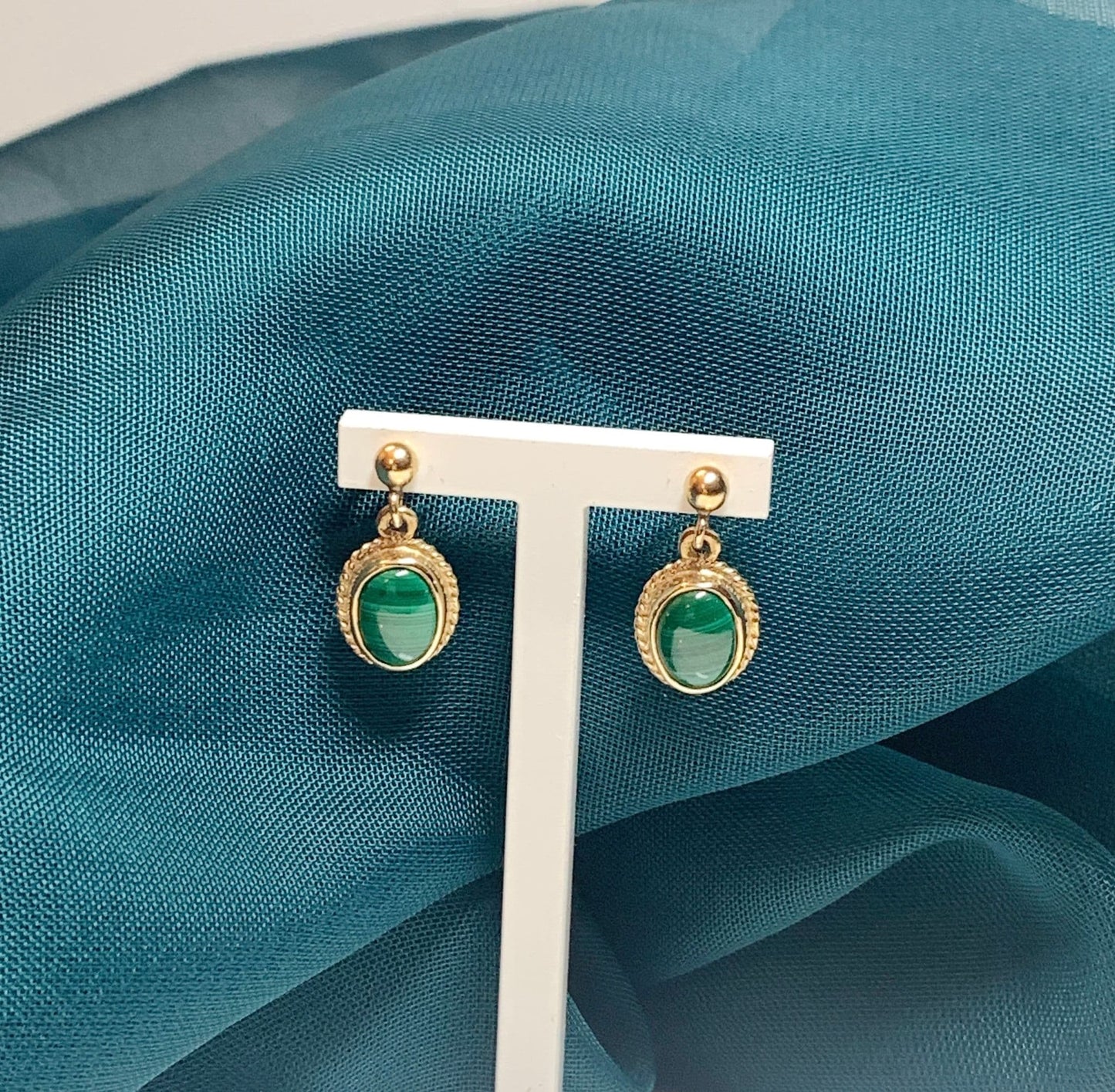 Malachite Yellow Gold Oval Drop Earrings