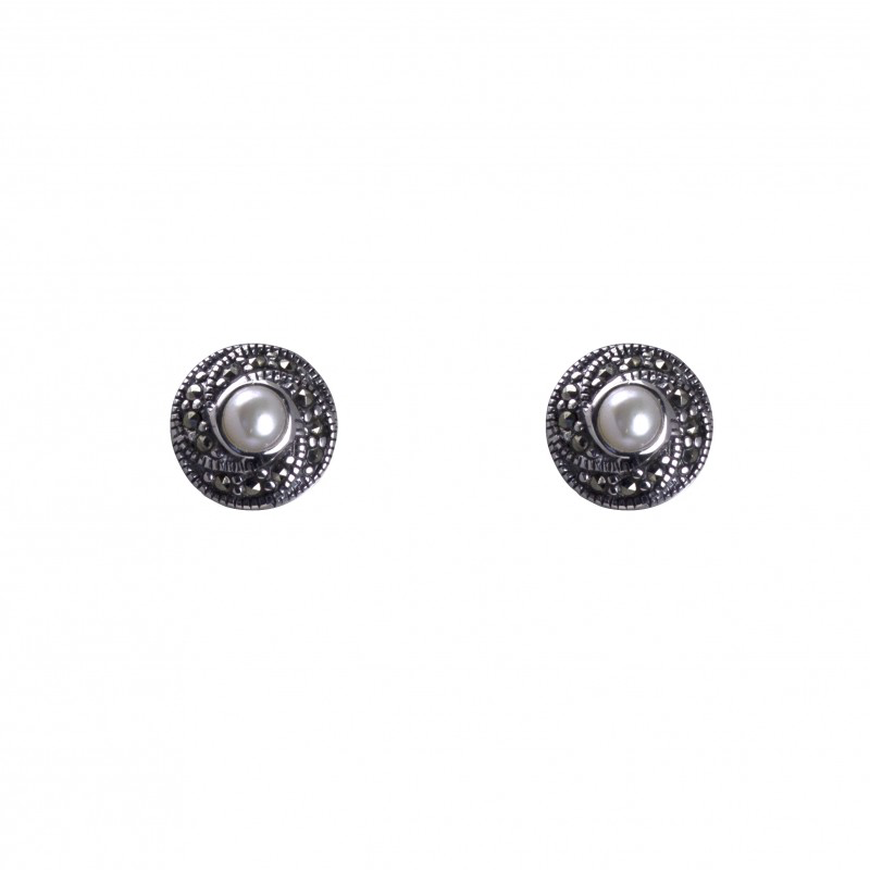 Marcasite and freshwater pearl round swirl designed sterling silver stud earrings