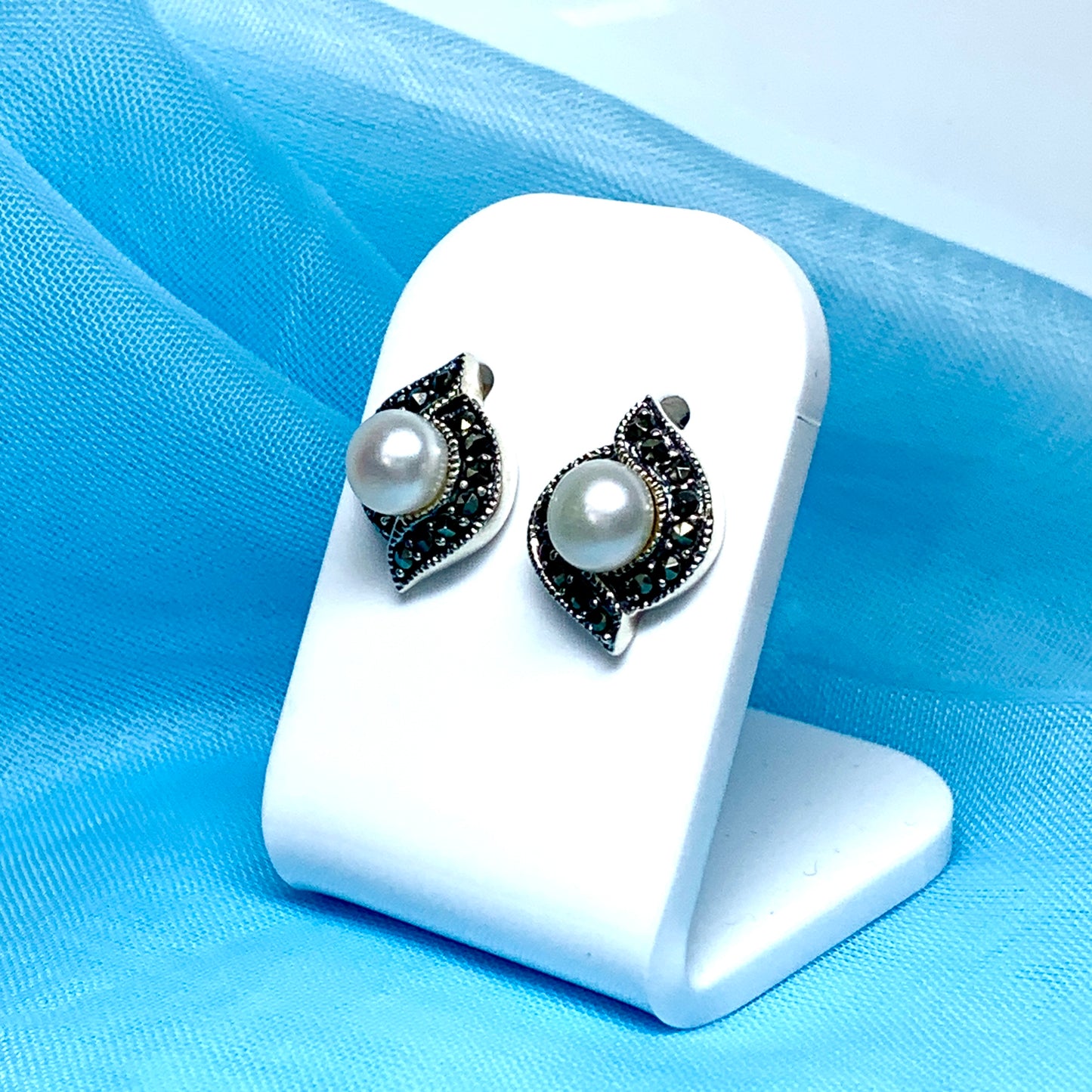 Marcasite and freshwater pearl sterling silver stud earrings