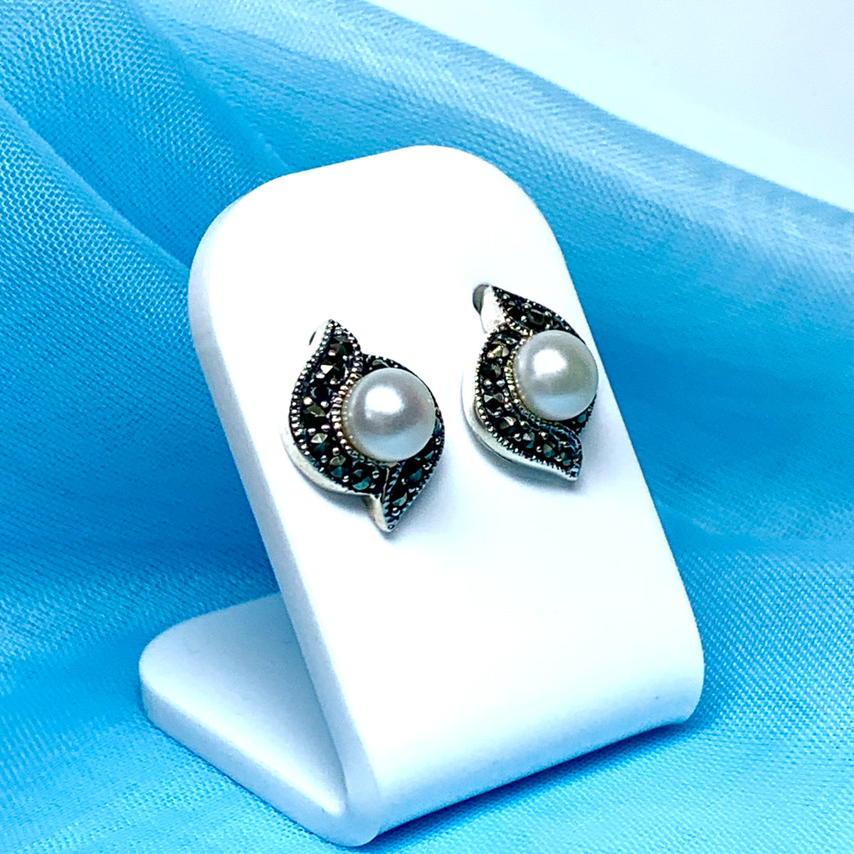 Marcasite and freshwater pearl sterling silver stud earrings