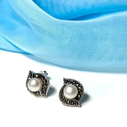 Marcasite and freshwater pearl sterling silver stud earrings