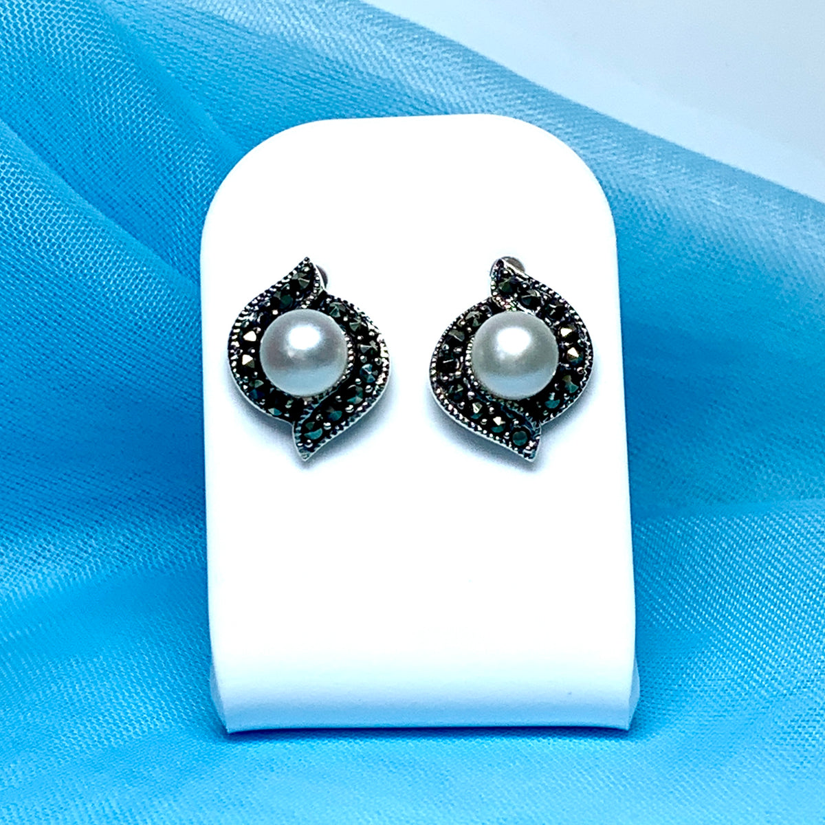 Marcasite and freshwater pearl sterling silver stud earrings