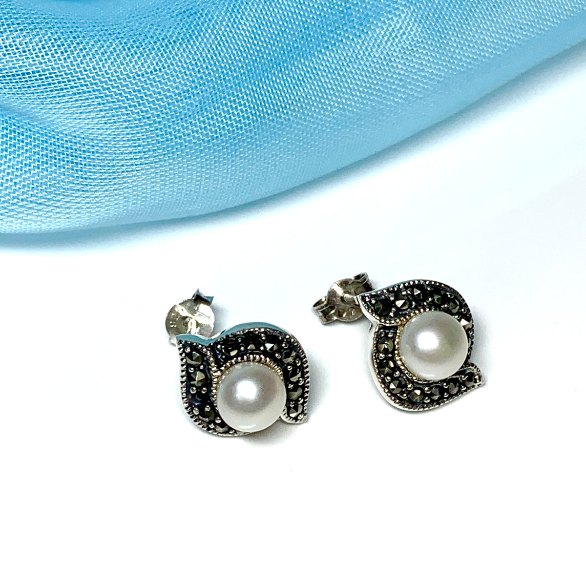 Marcasite and freshwater pearl sterling silver stud earrings