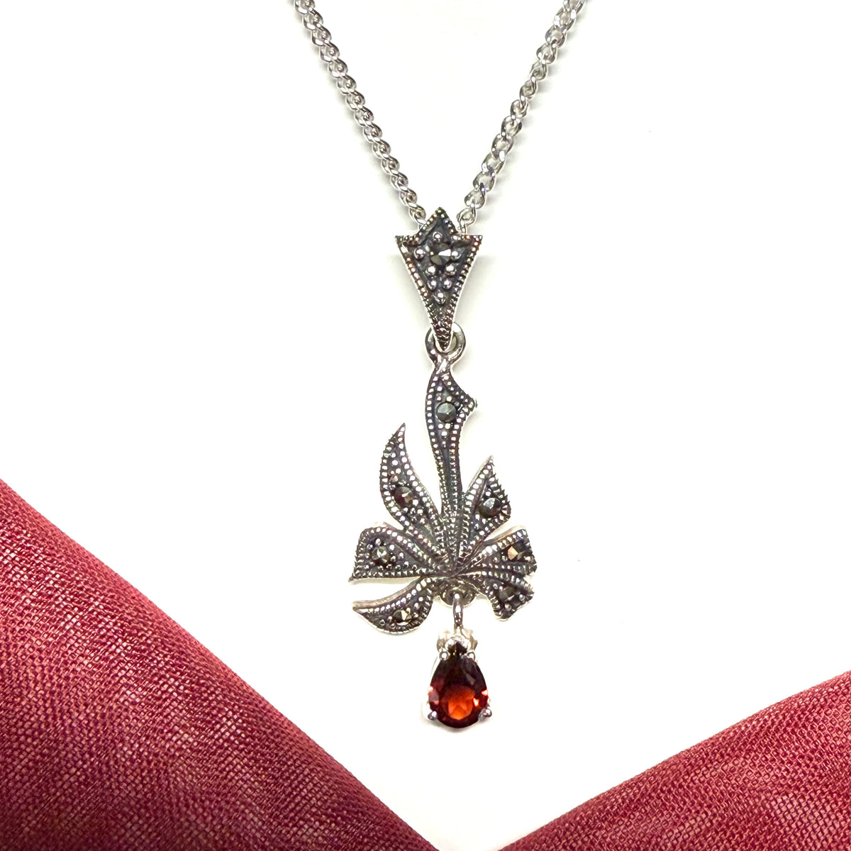 Marcasite and garnet necklace sterling silver spray designed