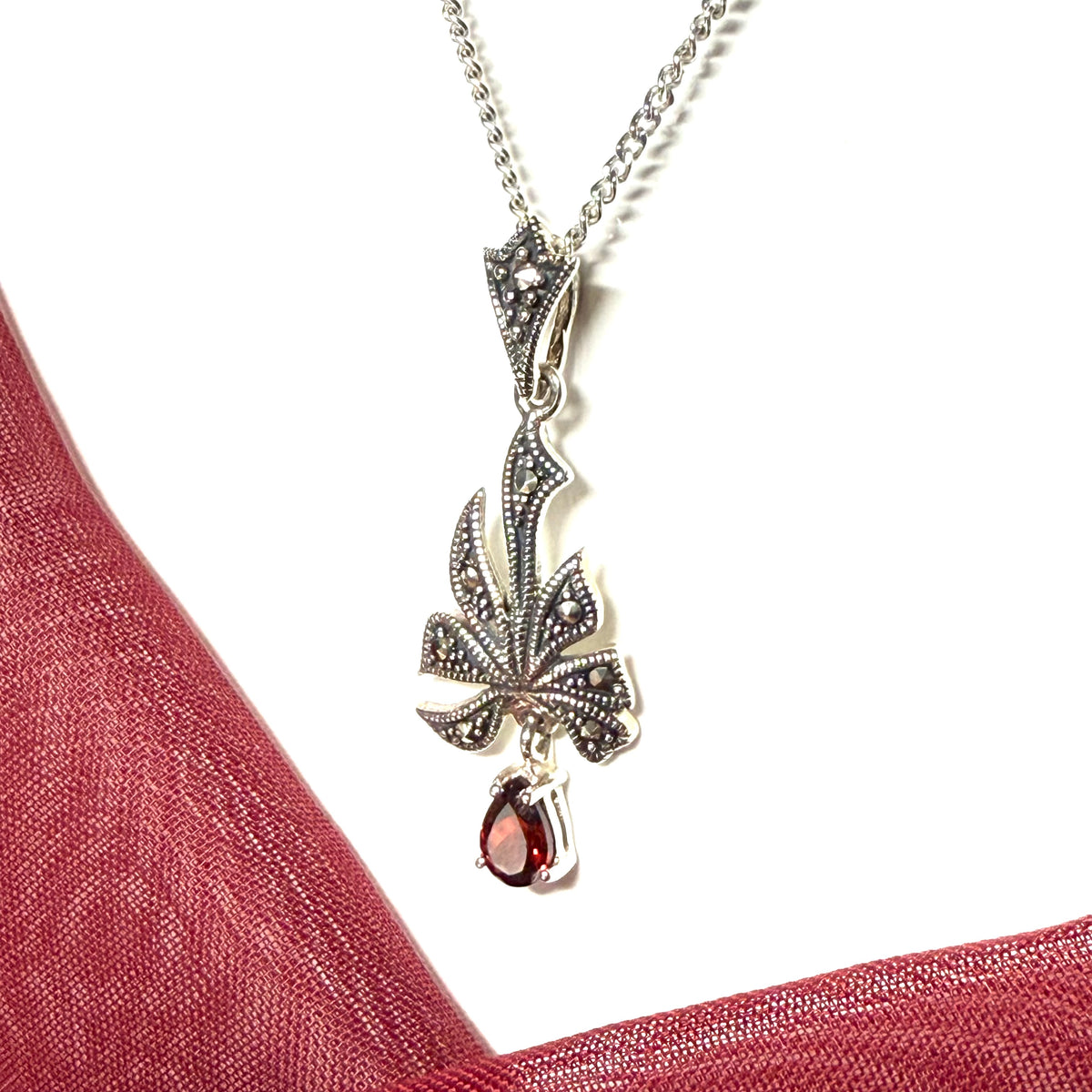 Marcasite and garnet necklace sterling silver spray designed