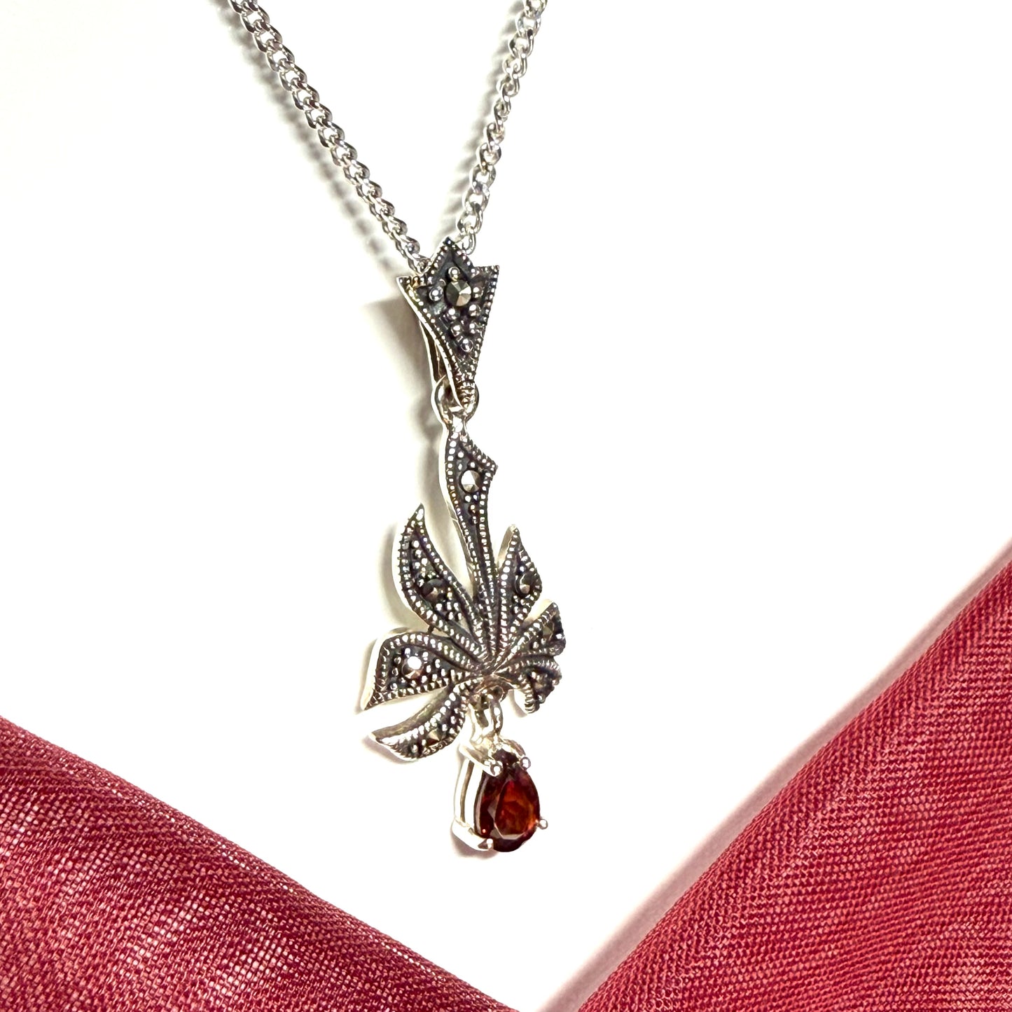 Marcasite and garnet necklace sterling silver spray designed