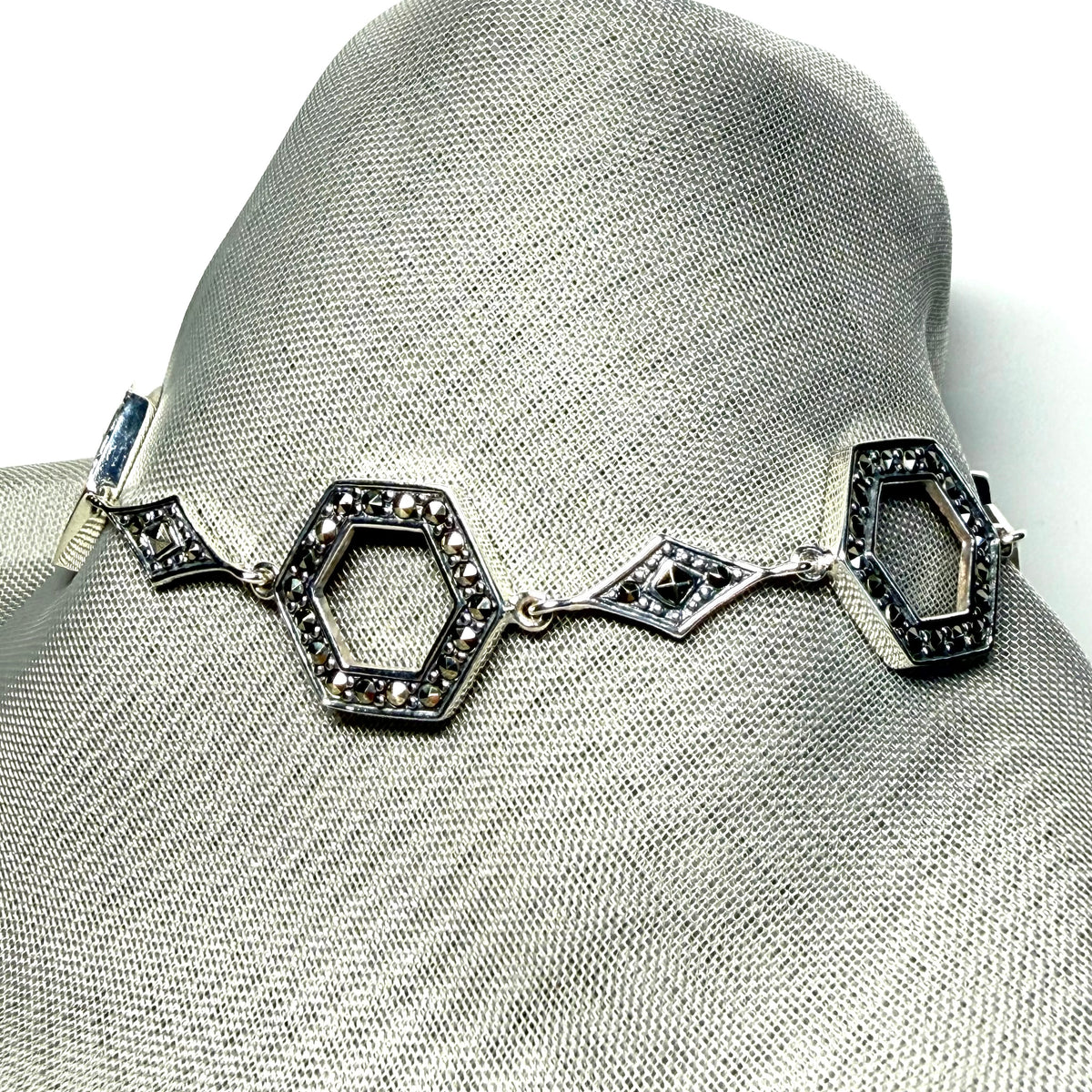 Marcasite bracelet sterling silver ladies open hexagonal fancy link
