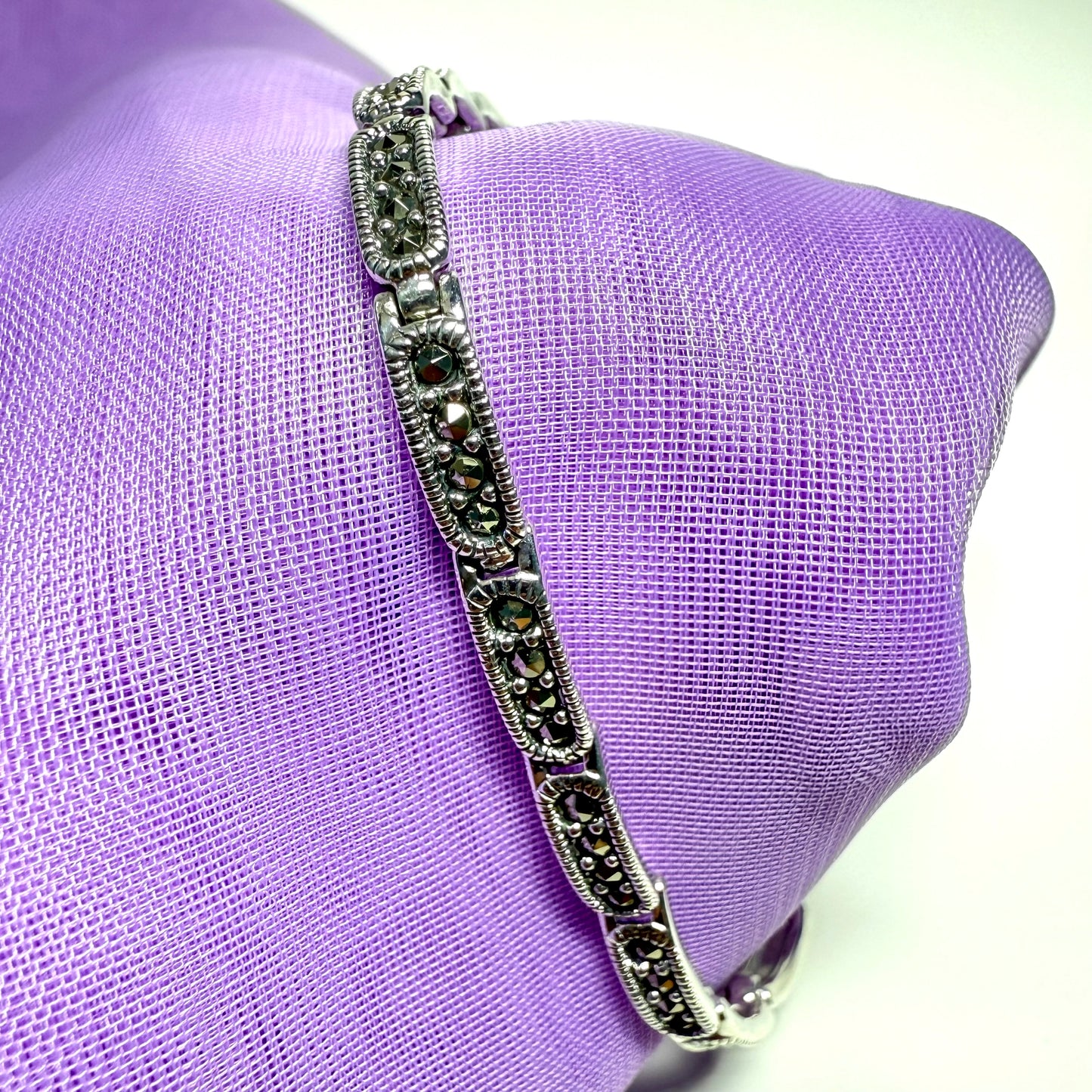 Marcasite bracelet sterling silver ladies rectangle fancy link design