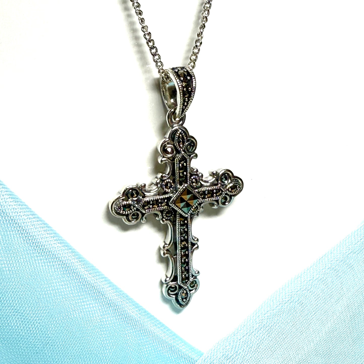 Large real marcasite cross and chain sterling silver