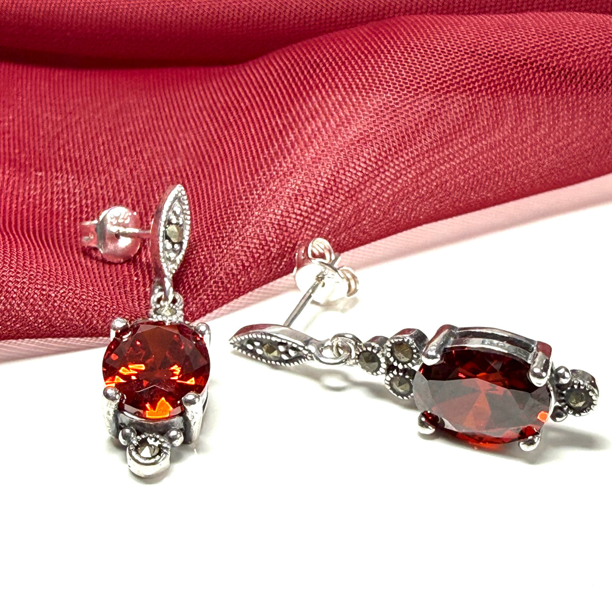 Marcasite sterling silver long drop earrings with garnet coloured stones