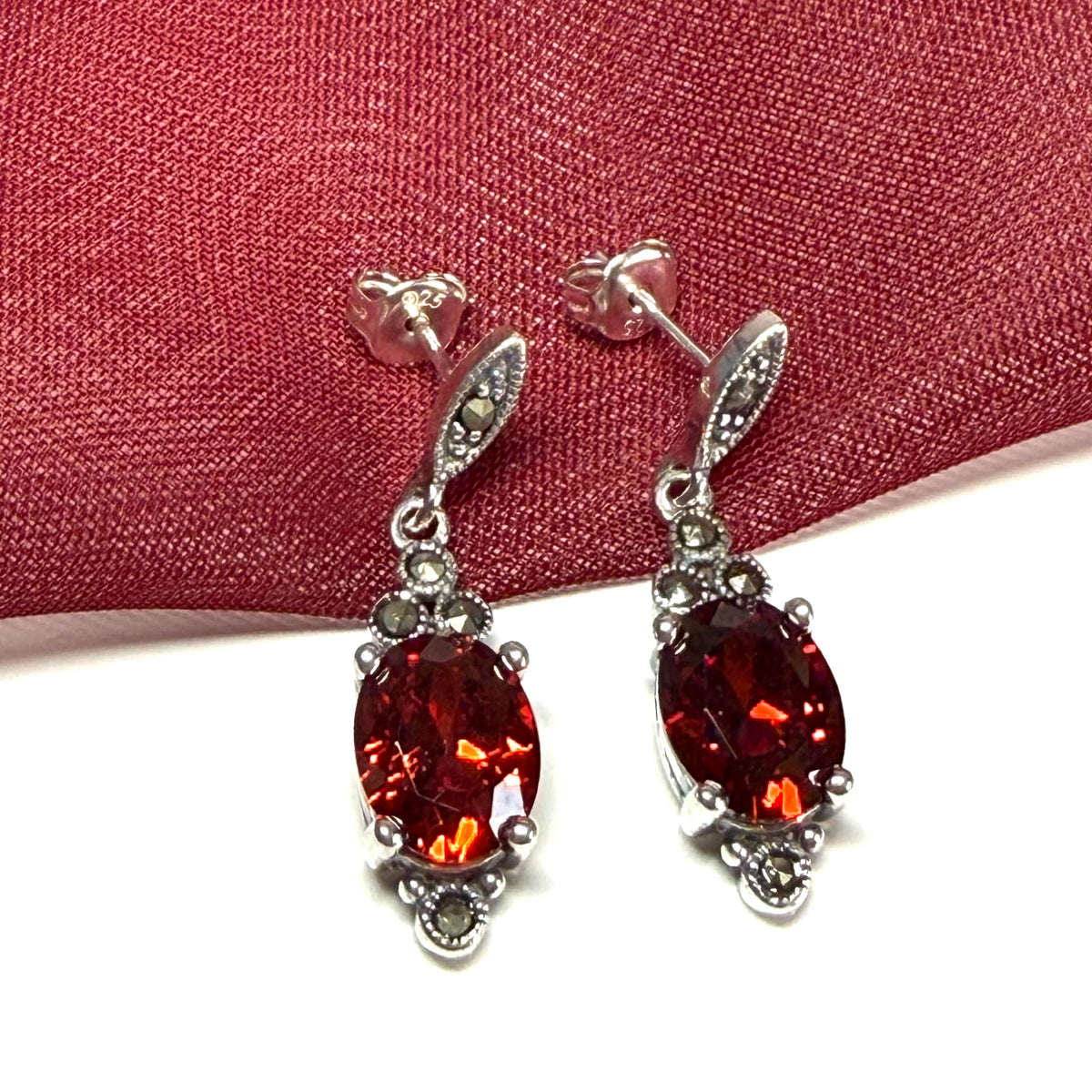 Marcasite sterling silver long drop earrings with garnet coloured stones