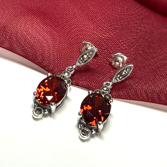 Marcasite sterling silver long drop earrings with garnet coloured stones