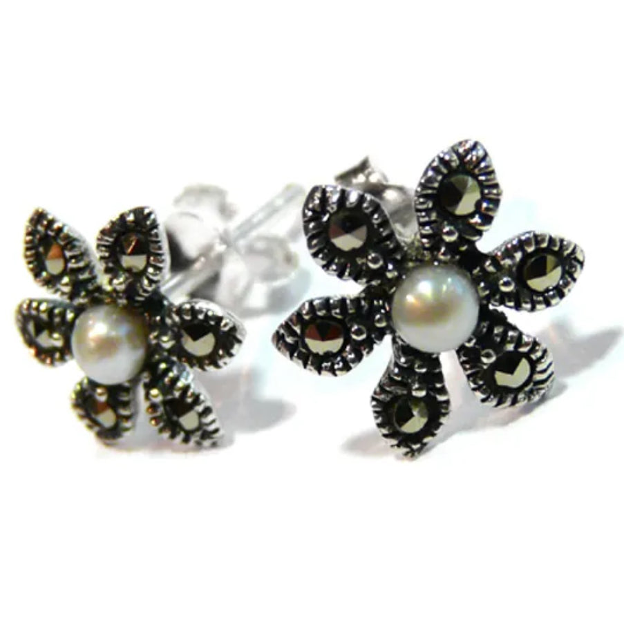 Marcasite and freshwater pearl round flower silver stud earrings