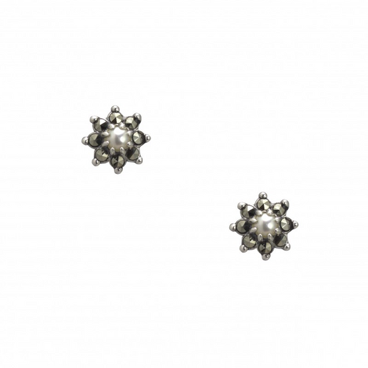 Marcasite and freshwater pearl round flower silver stud earrings