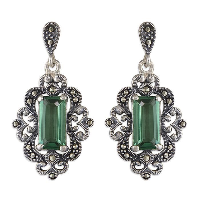 Marcasite and green cubic zirconia silver drop earrings