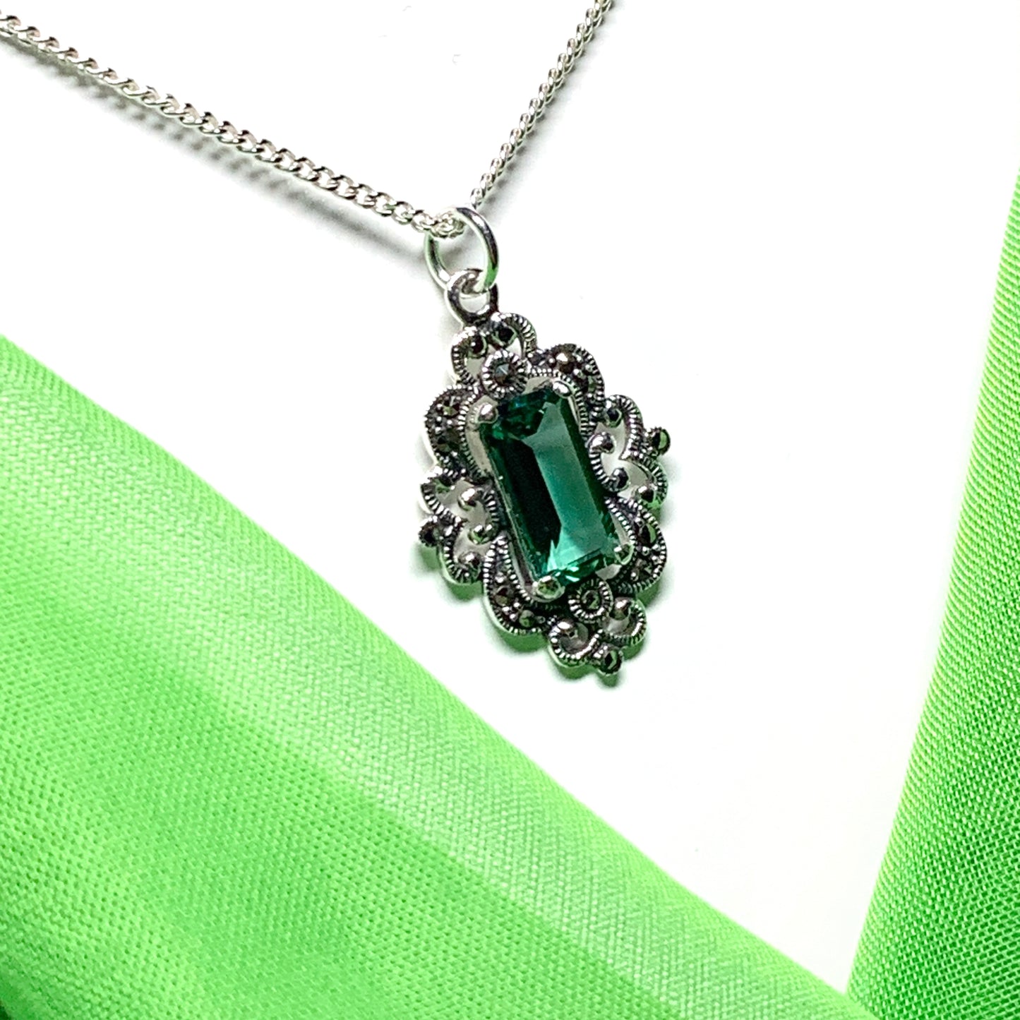 Marcasite and green cubic zirconia silver large drop necklace