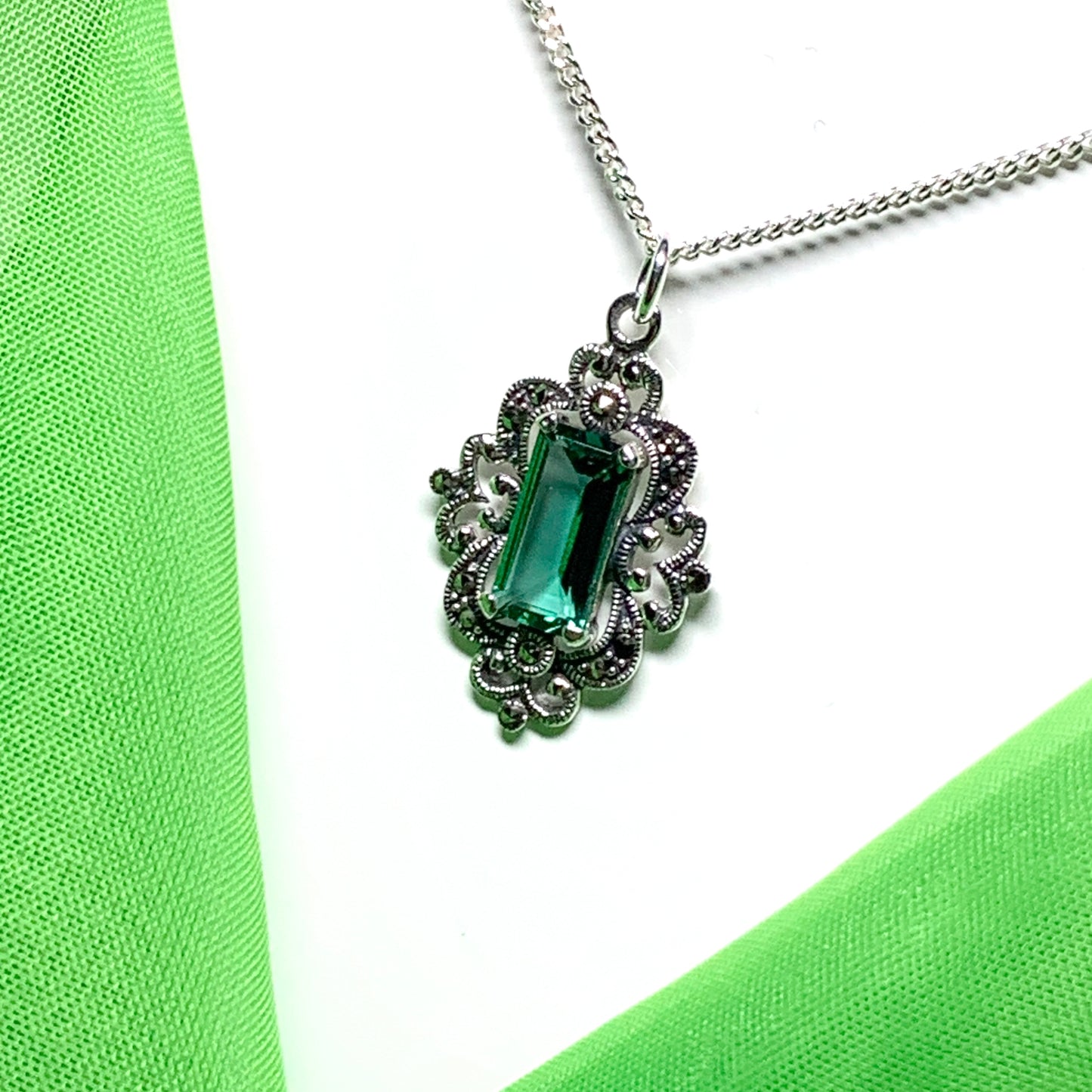 Marcasite and green cubic zirconia silver large drop necklace