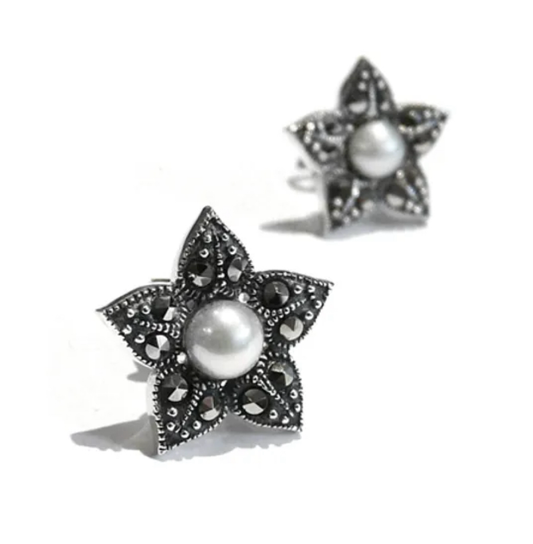 Marcasite and freshwater pearl flower star shape silver stud earrings