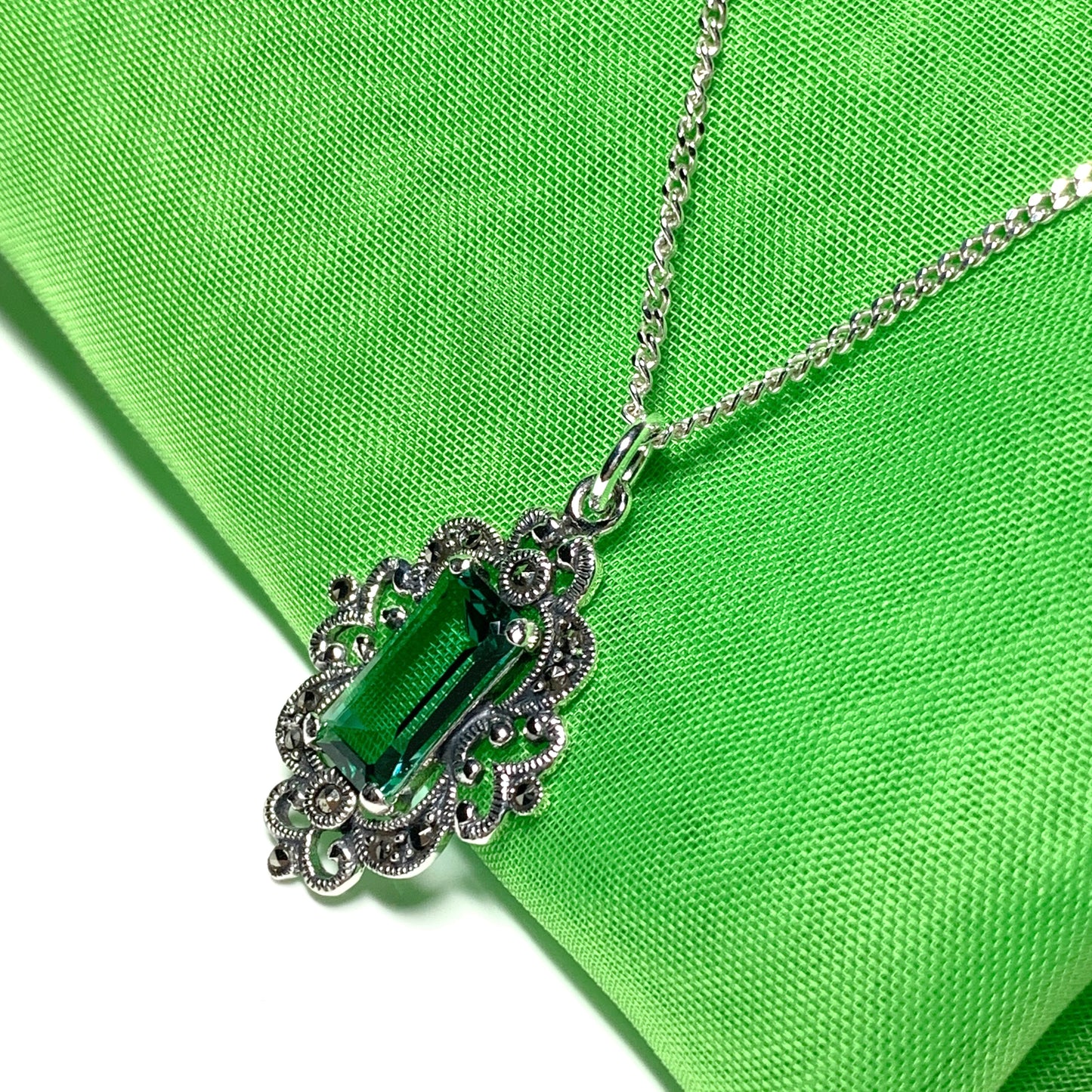 Marcasite and green cubic zirconia silver large drop necklace