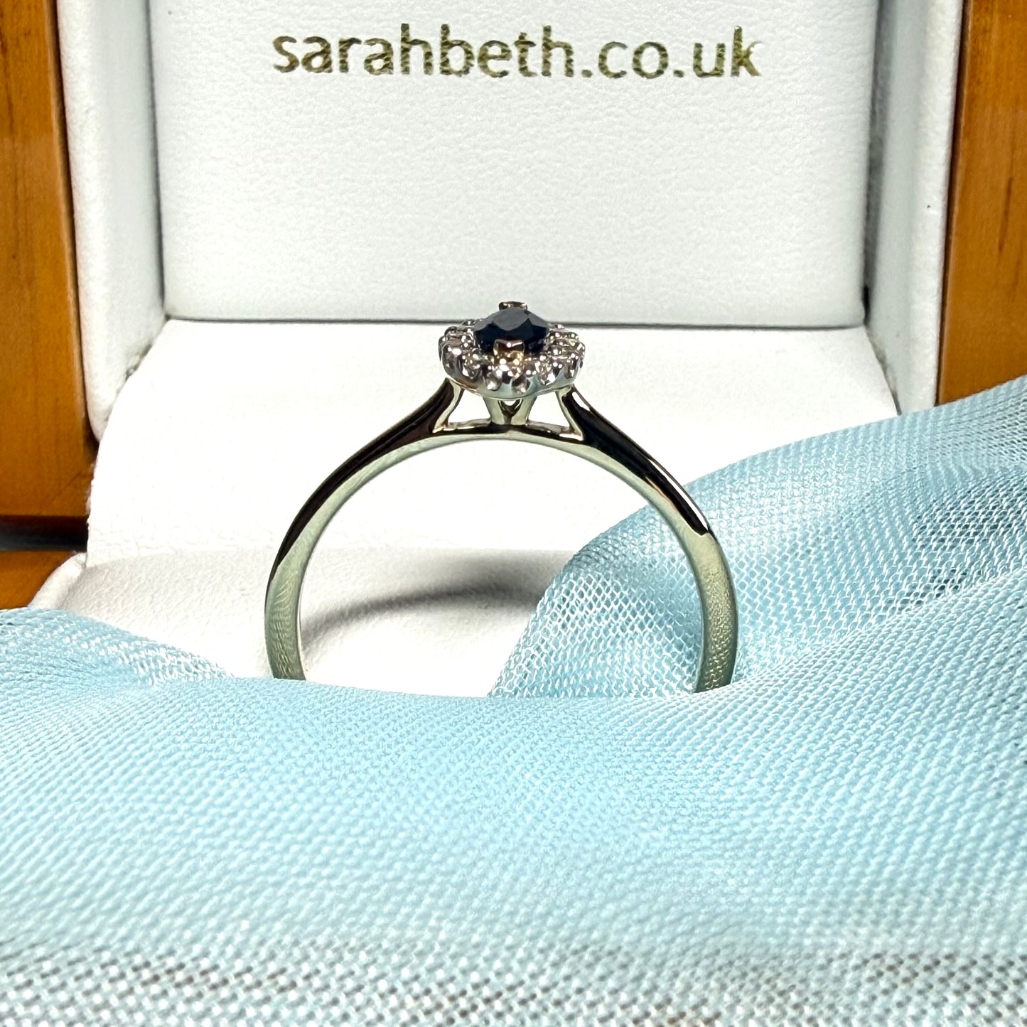 Marquise shape real dark blue and diamond yellow gold cluster ring