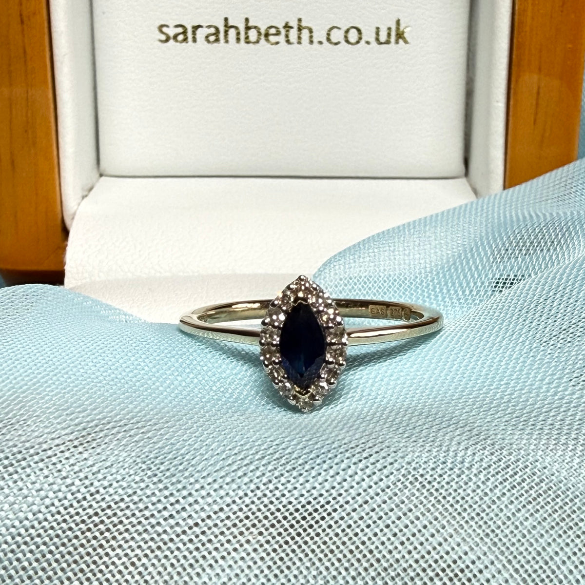 Marquise shape real dark blue and diamond yellow gold cluster ring