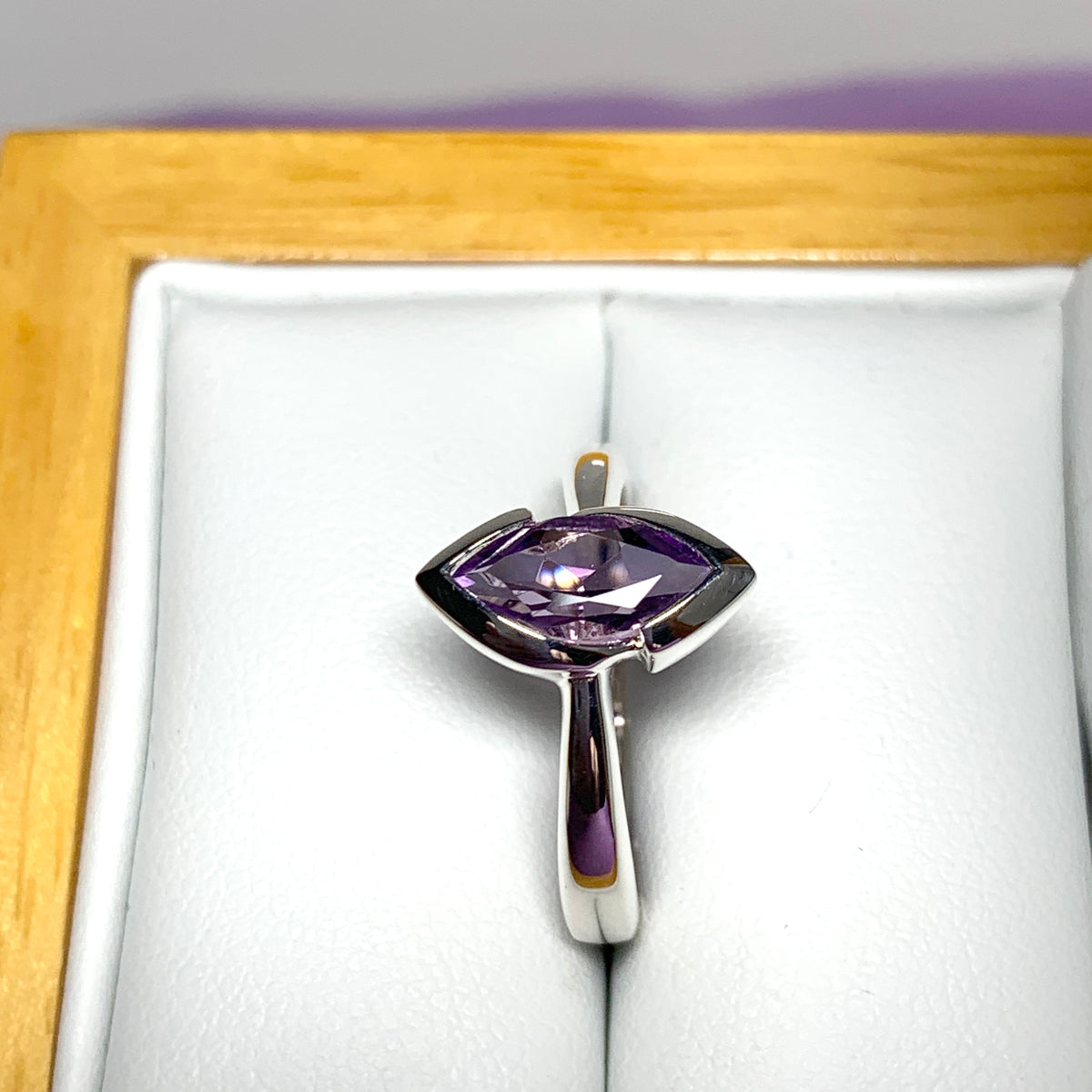 Marquise shaped amethyst sterling silver fancy dress cocktail ring