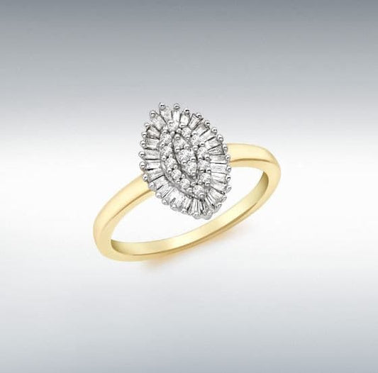 Marquise shaped yellow gold diamond cluster ring