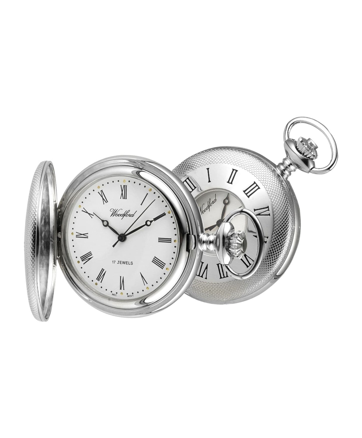 Mechanical Chrome ÅPlated Patterned Half Hunter Pocket Watch With Chain