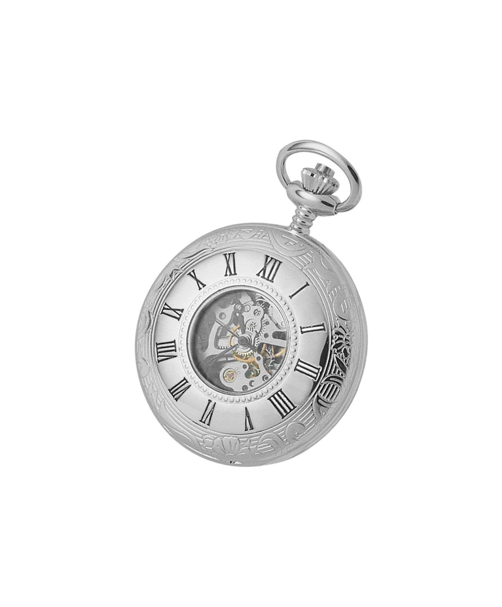 Mechanical Chrome Plated Half Hunter Patterned Pocket Watch With Chain