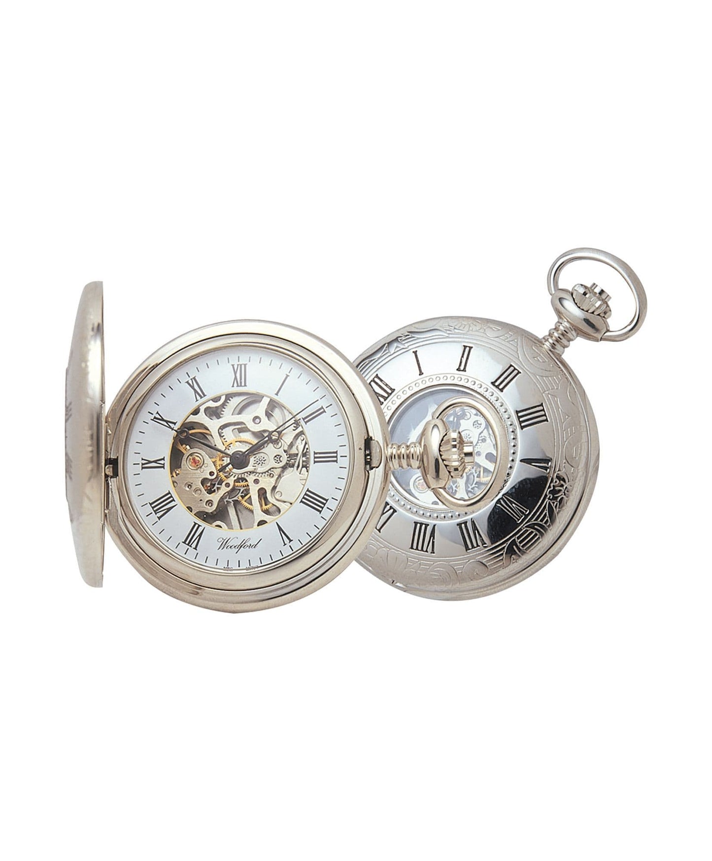 Mechanical Chrome Plated Half Hunter Pocket Watch With Chain