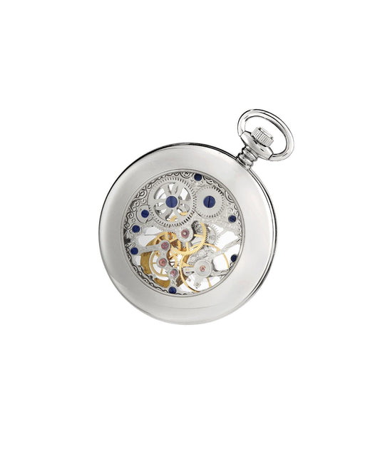 Mechanical Chrome Plated Open Faced Pocket Watch With Chain