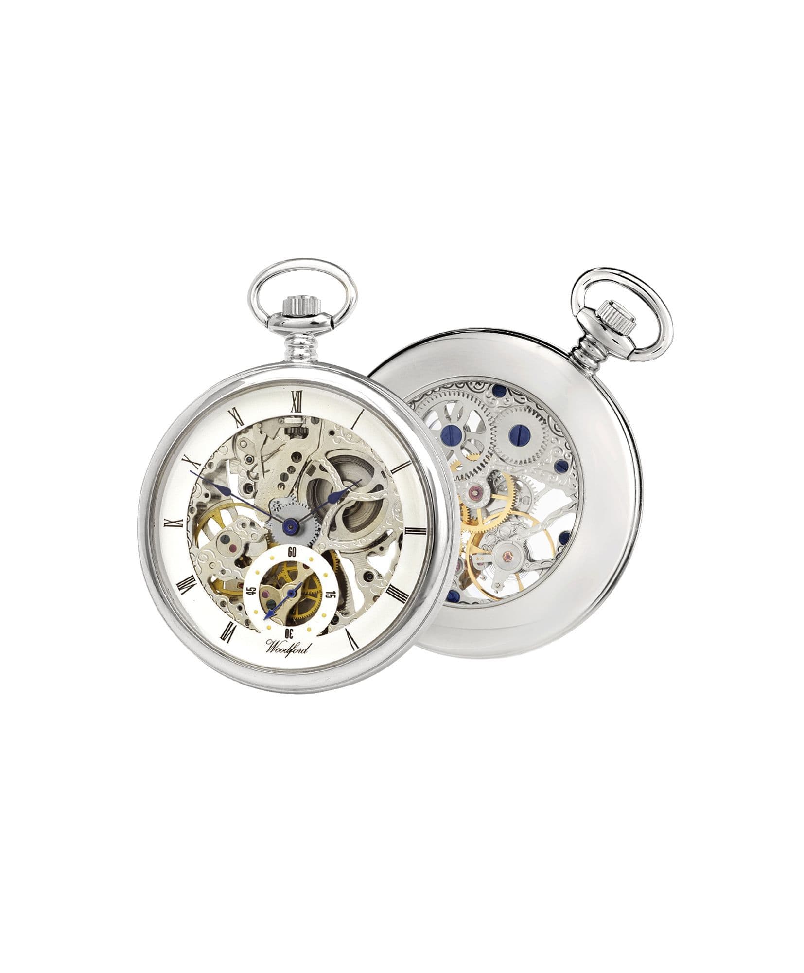 Mechanical Chrome Plated Open Faced Pocket Watch With Chain