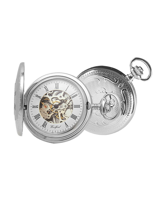 Mechanical Chrome Plated Patterned Pocket Watch With Chain