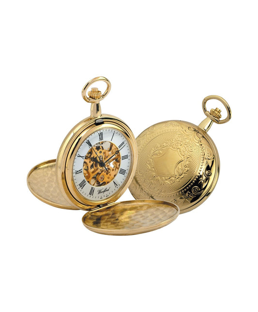 Mechanical Gold Plated Full Hunter Pocket Watch With Chain