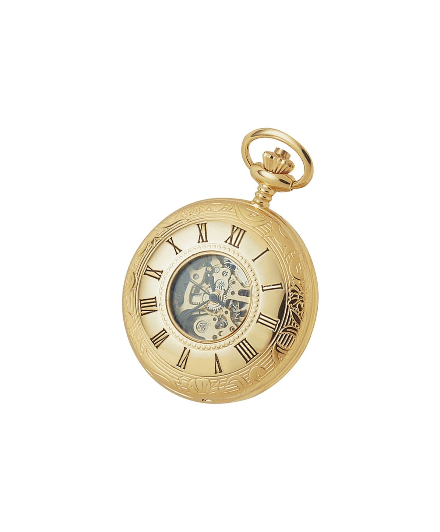 Mechanical Gold Plated Half Hunter Patterned Pocket Watch With Chain