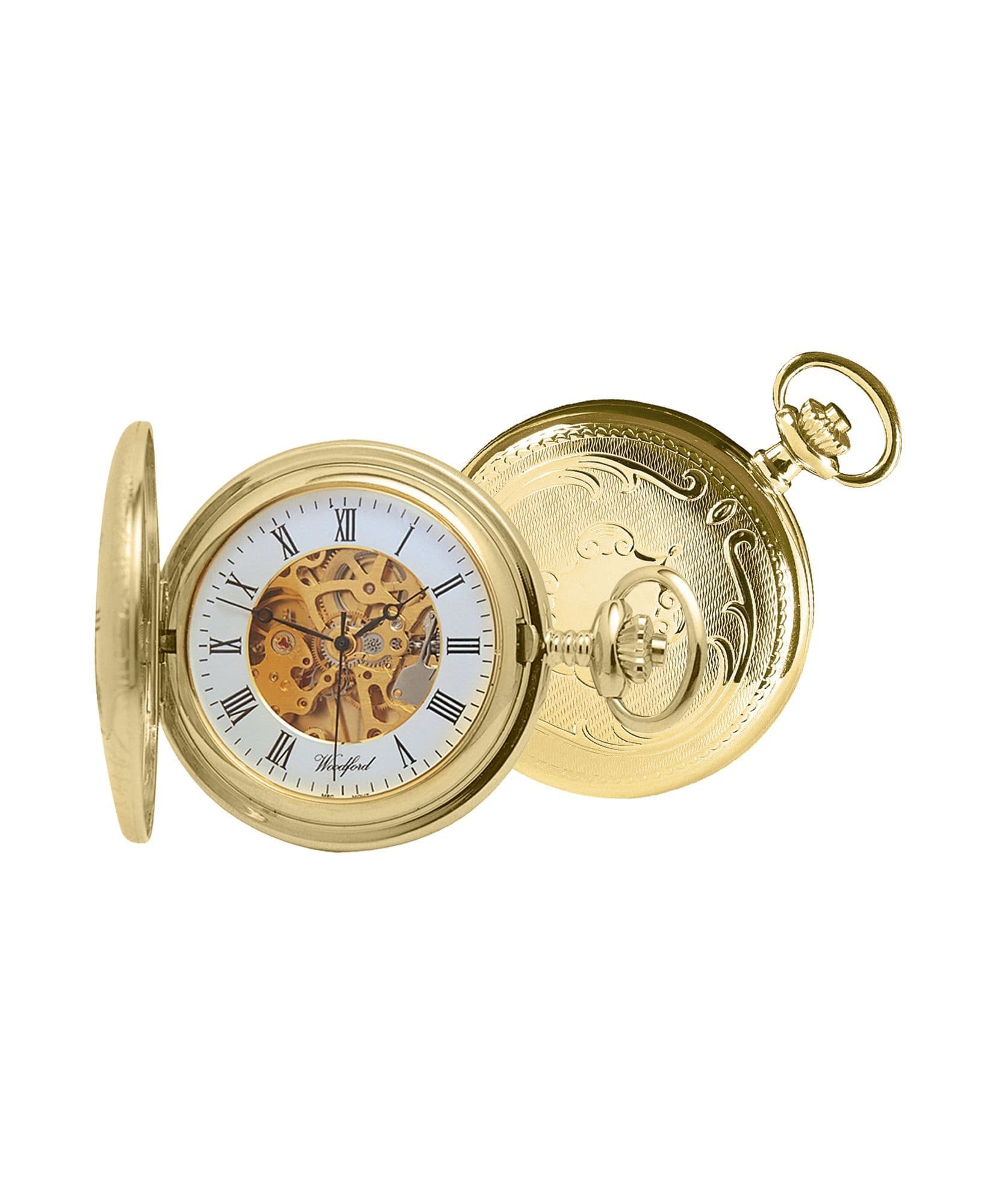 Mechanical Gold Plated Patterned Skeleton Dial Pocket Watch With Chain